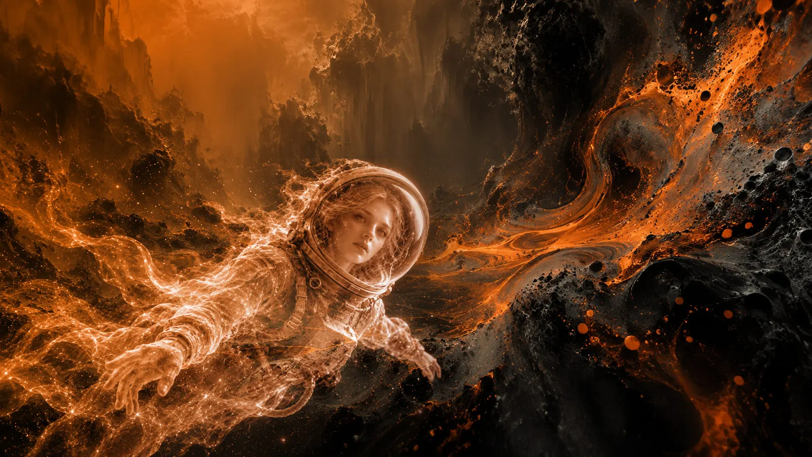 An astronaut drifts through a cavern where one side dissolves into trailing orange sparks and the other into swirling black-and-orange liquid.