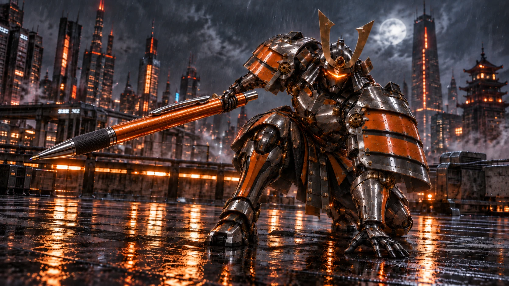 A samurai-armored mecha crouches on a rain-soaked rooftop above a neon city, wielding a giant pen like a spear.