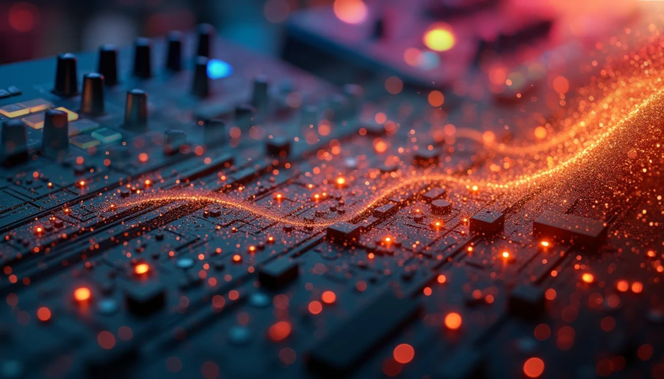 A close-up of a synthesizer’s knobs and sliders, with a glowing orange waveform of light and particles flowing across its surface.