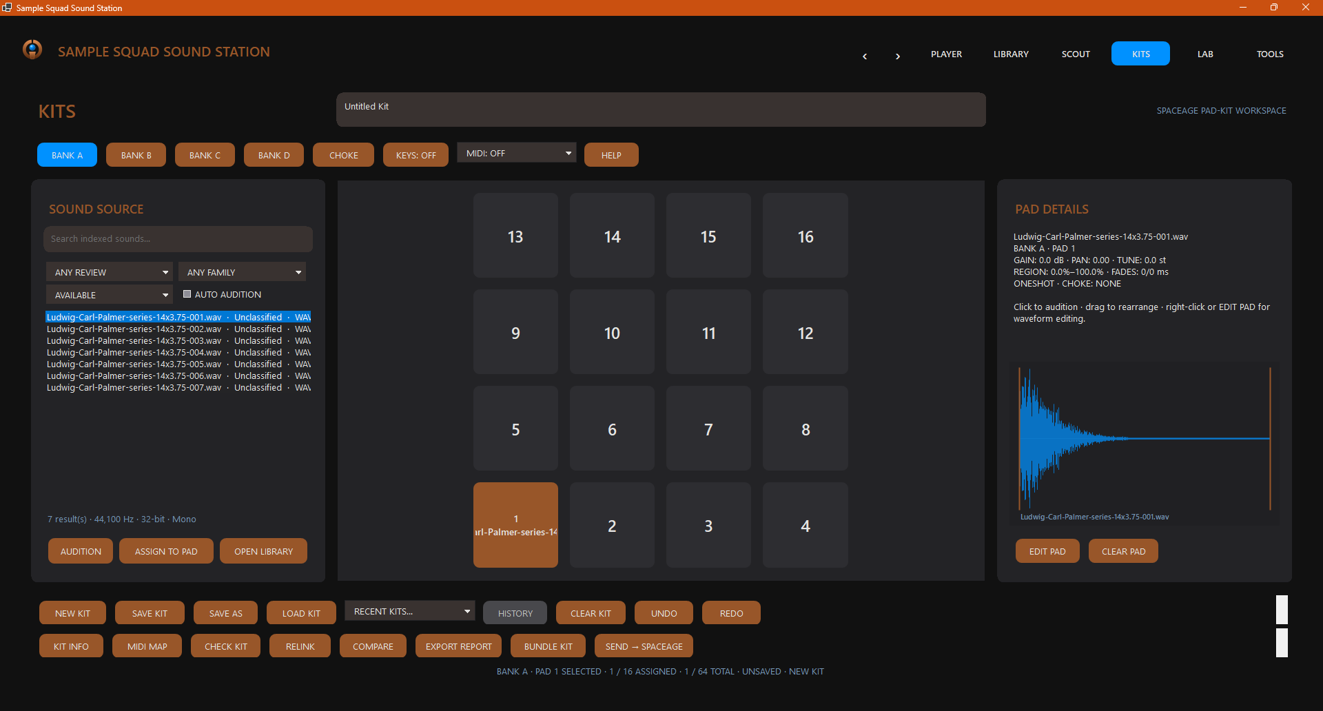 The Kits workspace: a four-bank, 64-pad grid beside a sound-source browser, with a sample loaded on pad 1 and its waveform shown in pad details, plus buttons to bundle a kit or send it to SpaceAge.