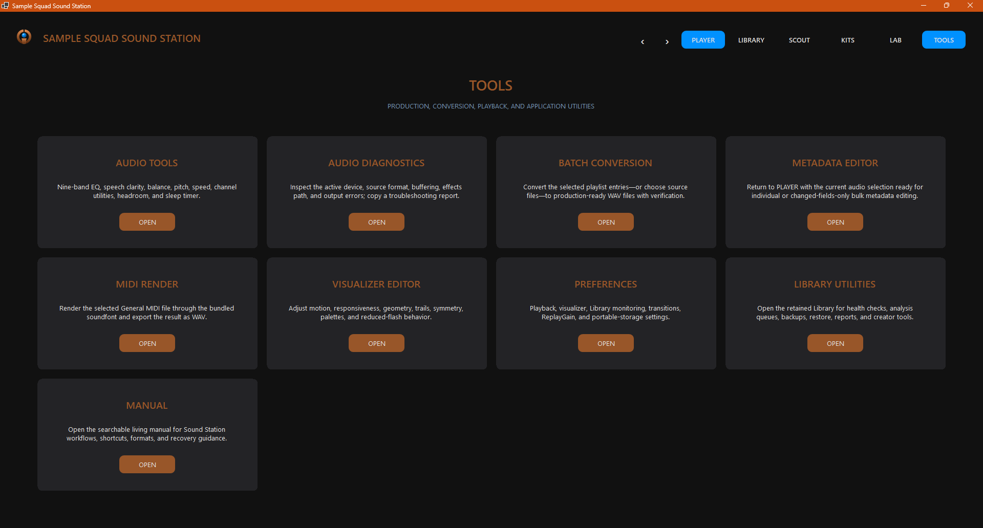 The Tools workspace: audio tools, diagnostics, batch conversion, a metadata editor, MIDI render, a visualizer editor, preferences, library utilities, and the manual.