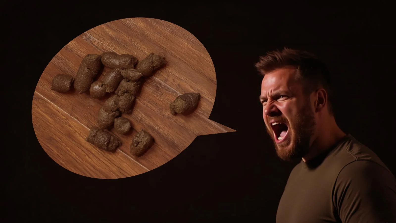 An angry man shouting, his speech bubble showing a small pile of feces on a wooden table instead of words.