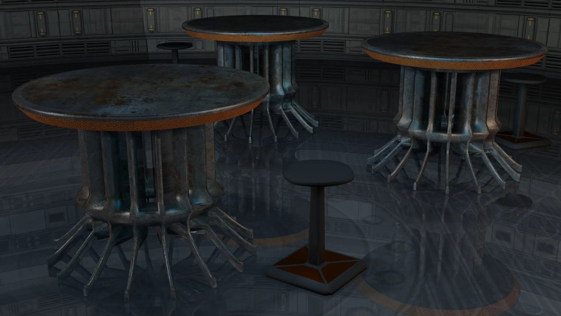 Round cast iron cafe tables with leather trim and sand-filled stools