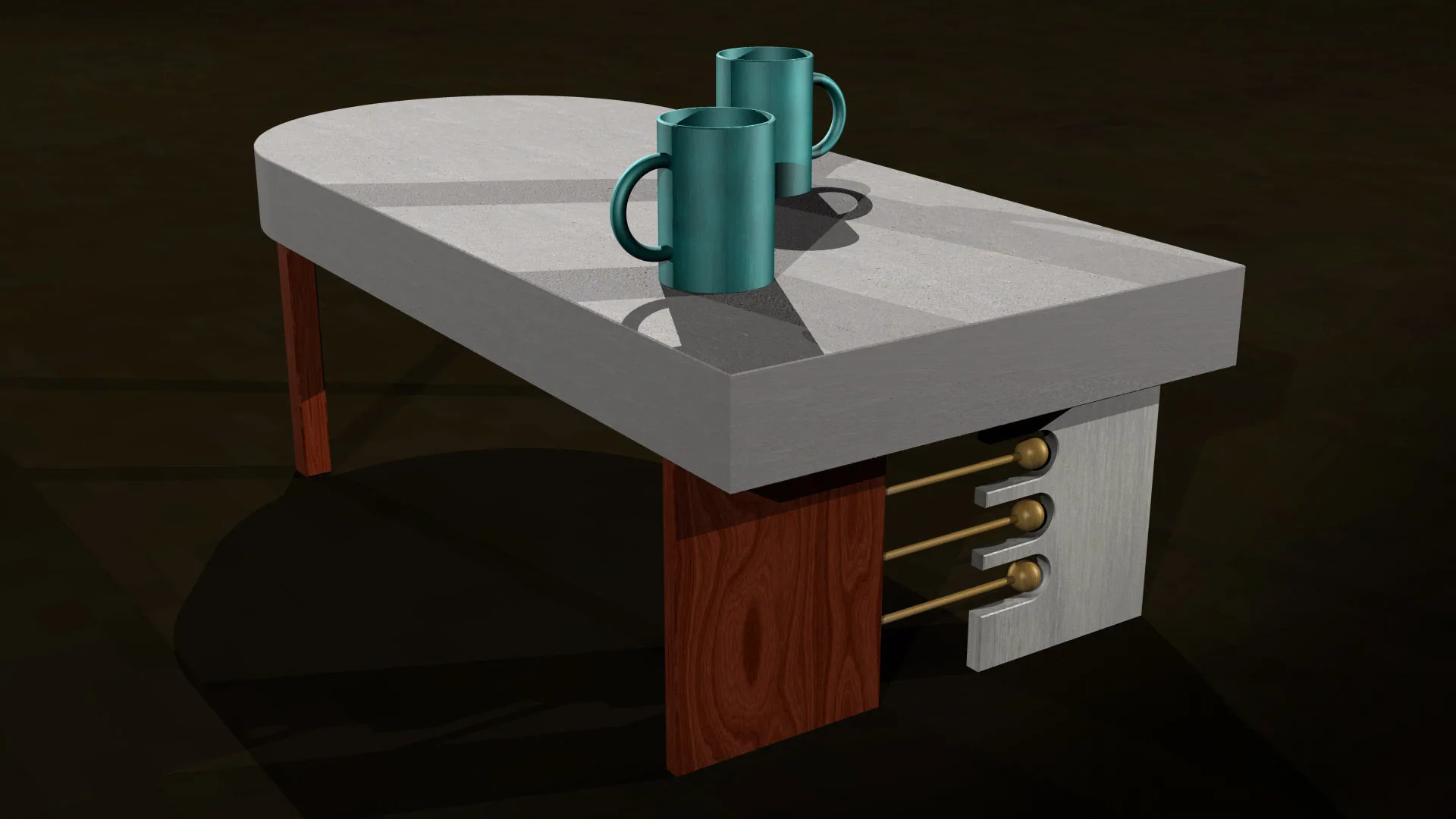 Art deco coffee table in concrete and hardwood, with two teal mugs on a rounded concrete top