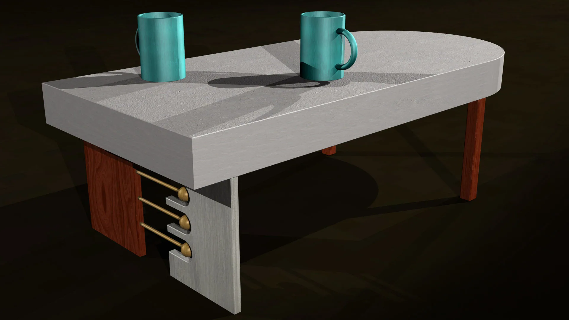 Art deco coffee table seen from the other side, with an aluminium leg holding three brass-tipped rods