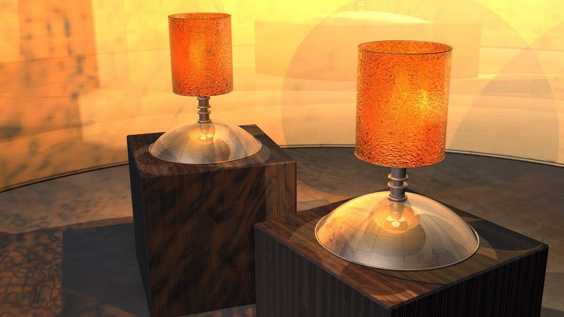 Two lamps with frosted glass shades on stainless steel bases, standing on dark wood blocks