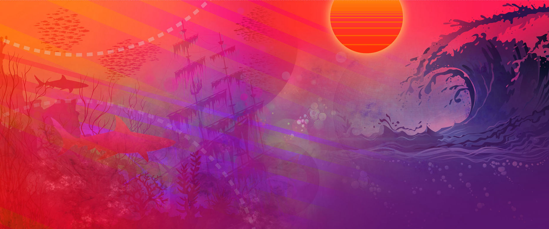 CD booklet artwork: a sunken ship beneath a huge wave and a setting sun