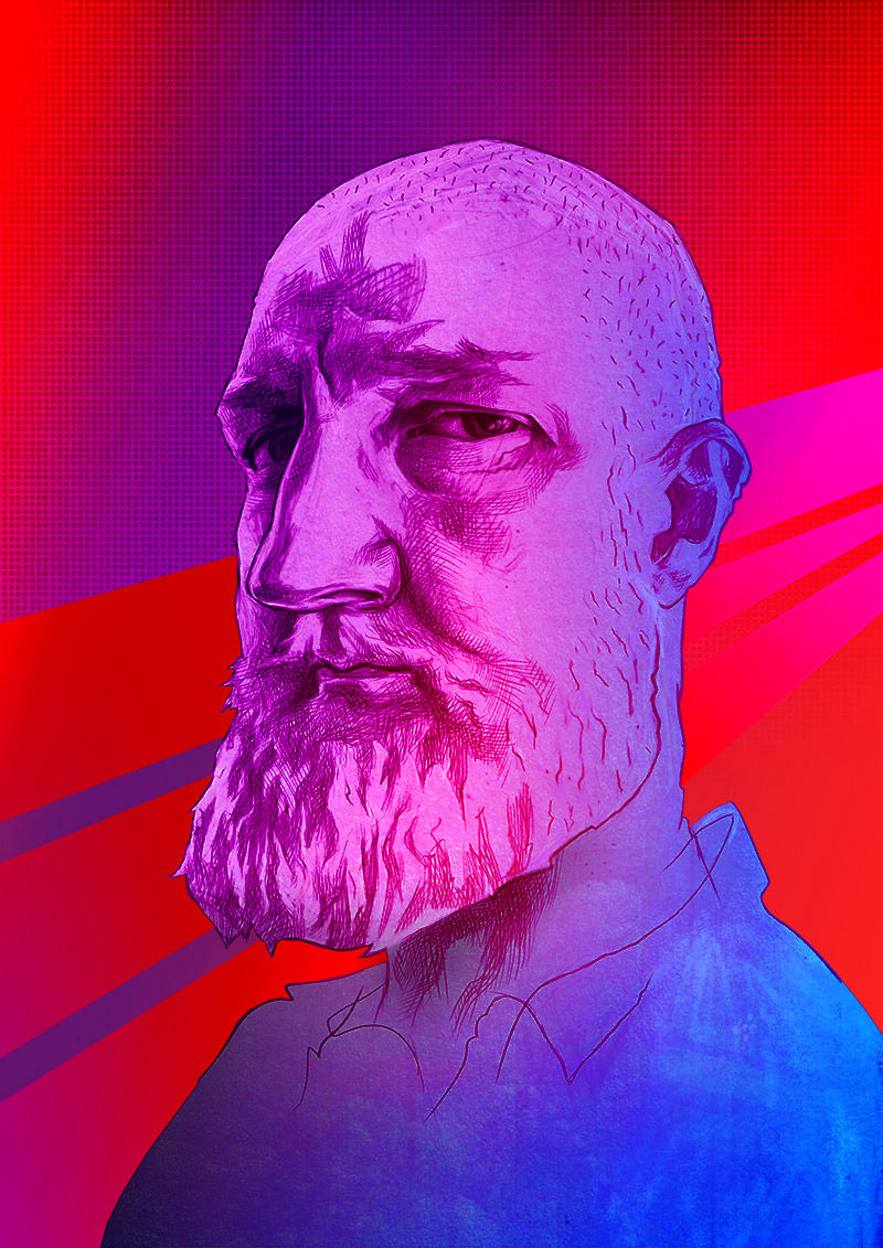 Stylized caricature portrait of Shane Sanders in purple, blue and red