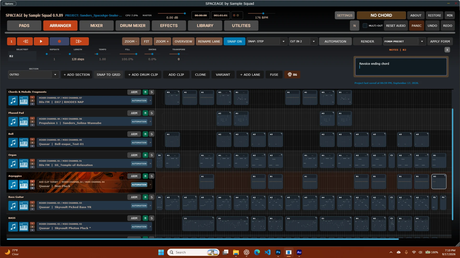 The SpaceAge Arranger, with lanes of clips for chords, pads, bell, organ, arpeggios, and bass, plus a notes panel