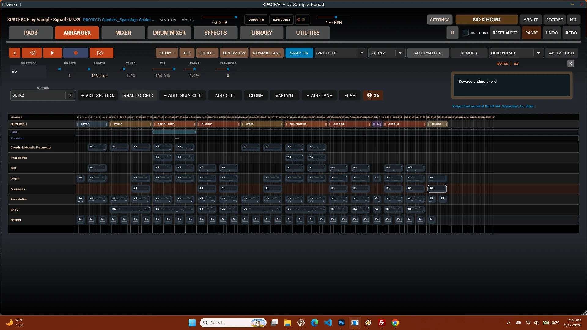 The Arranger zoomed out to show a whole song, from intro to outro, with each section marked along the top