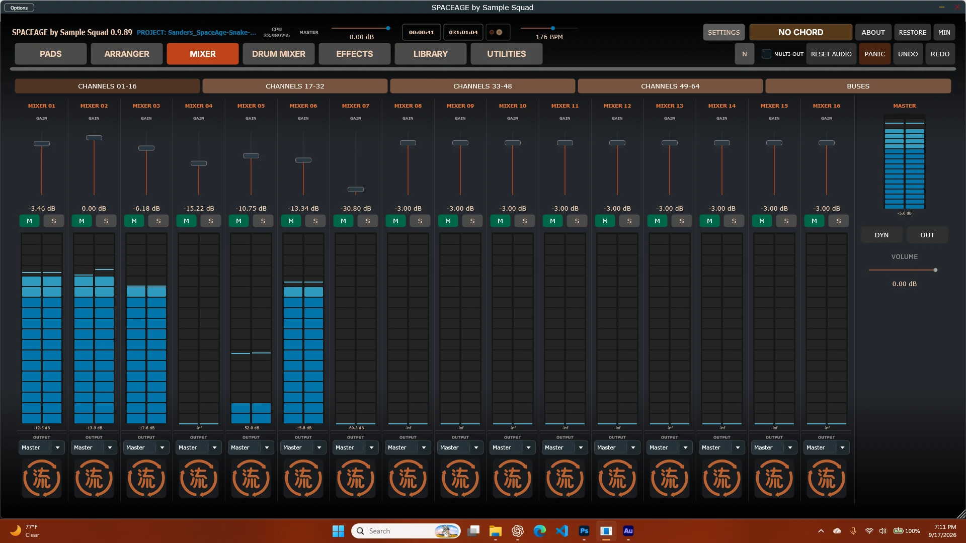 The Mixer page, with sixteen channel strips showing faders, meters, and output routing, and a master section