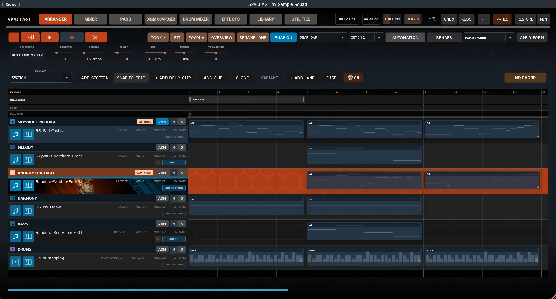 The SpaceAge Arranger, with sections across the top and lanes for Skyvault Package, melody, a wobble bass line, harmony, bass, and drums