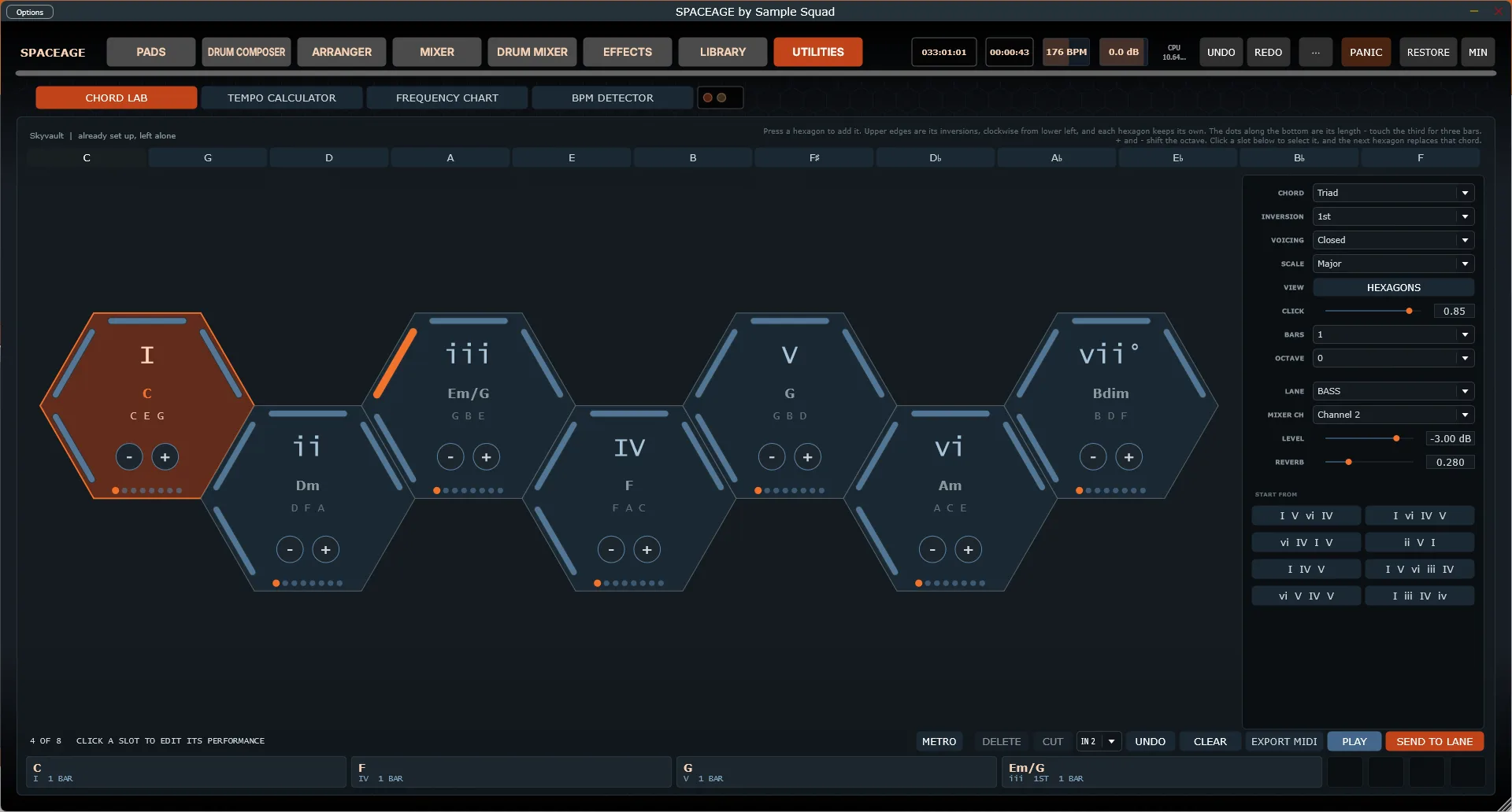 The Chord Lab in Utilities, showing a hexagonal chord wheel in the key of C and a four-chord progression queued below