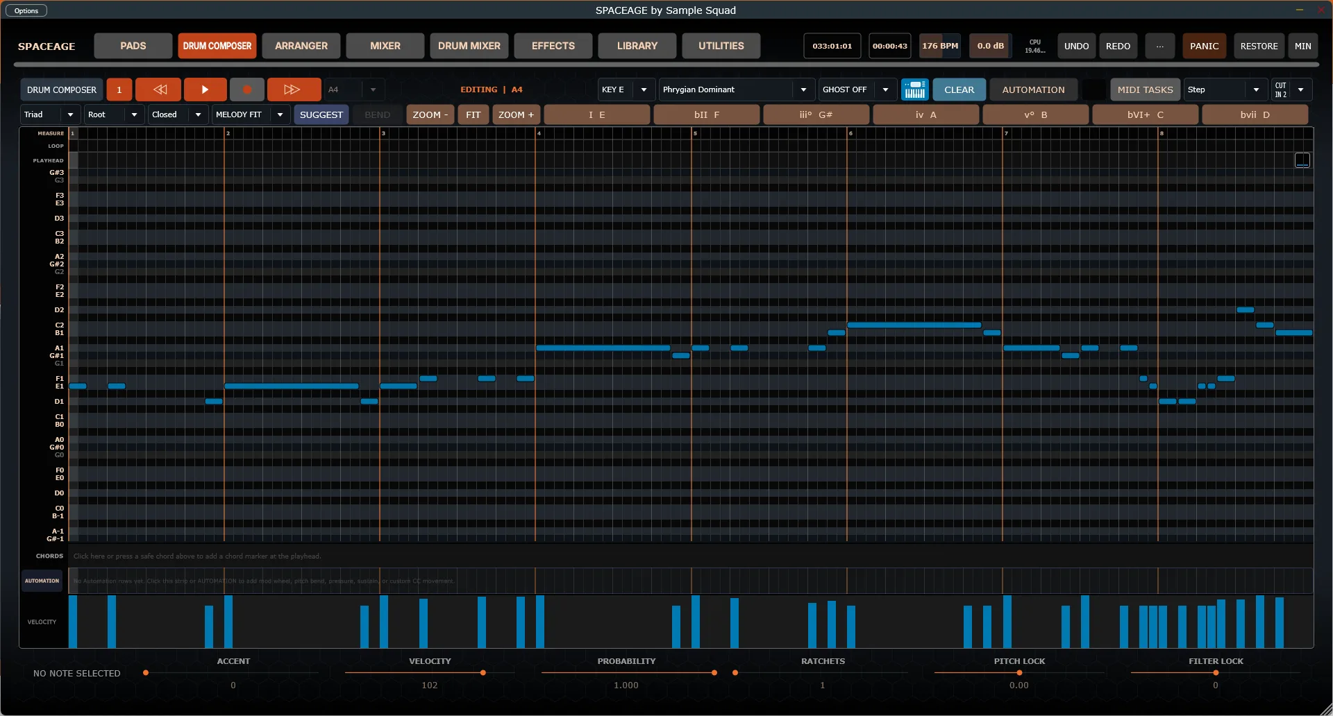 The Drum Composer’s Piano Roll in Phrygian Dominant, with chord-degree buttons above the note grid and a velocity lane below