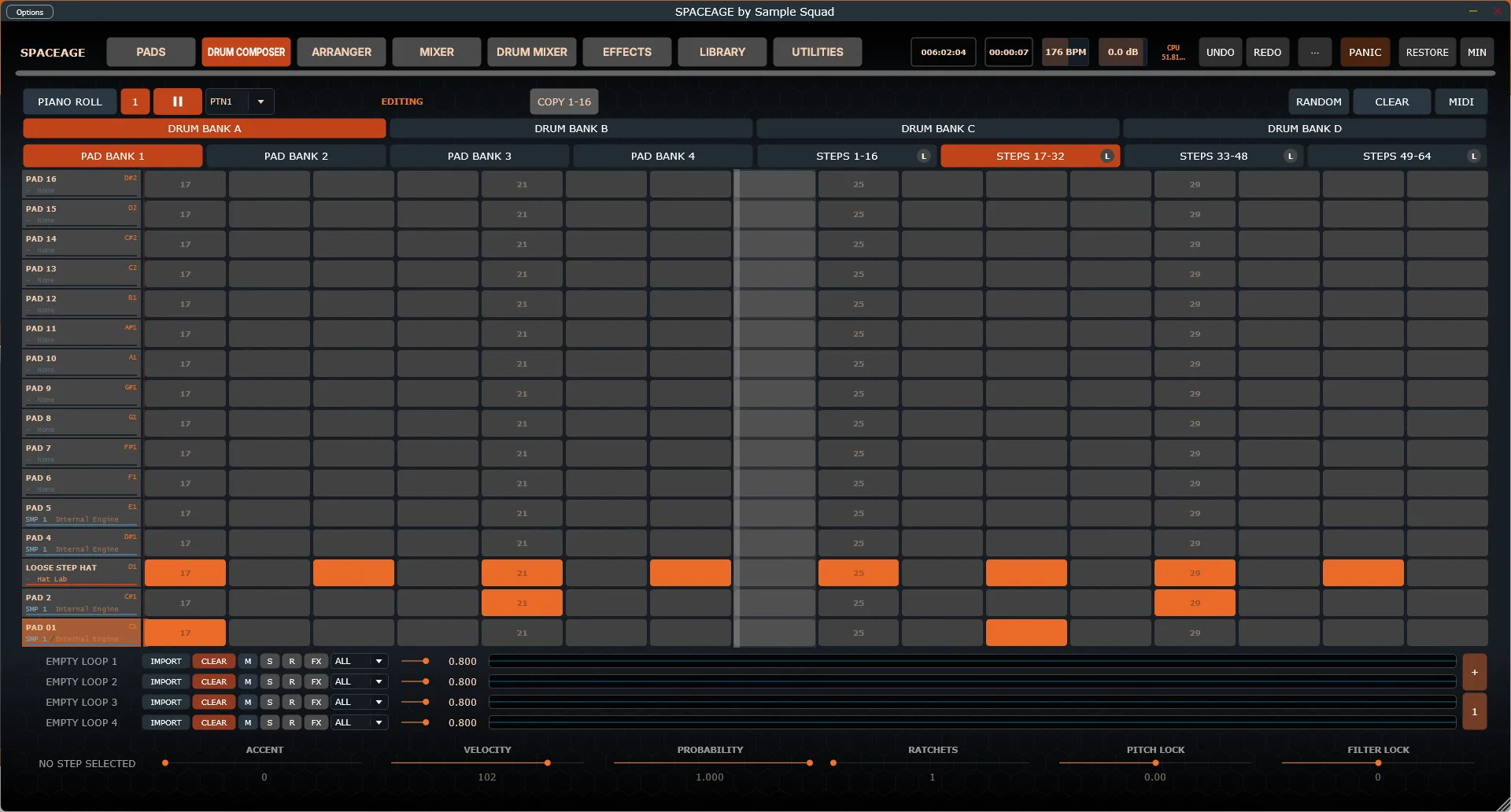 The Drum Composer’s step-sequencer grid for Drum Bank A, with steps lit for the Loose Step Hat pad and per-row mute, solo, and volume controls
