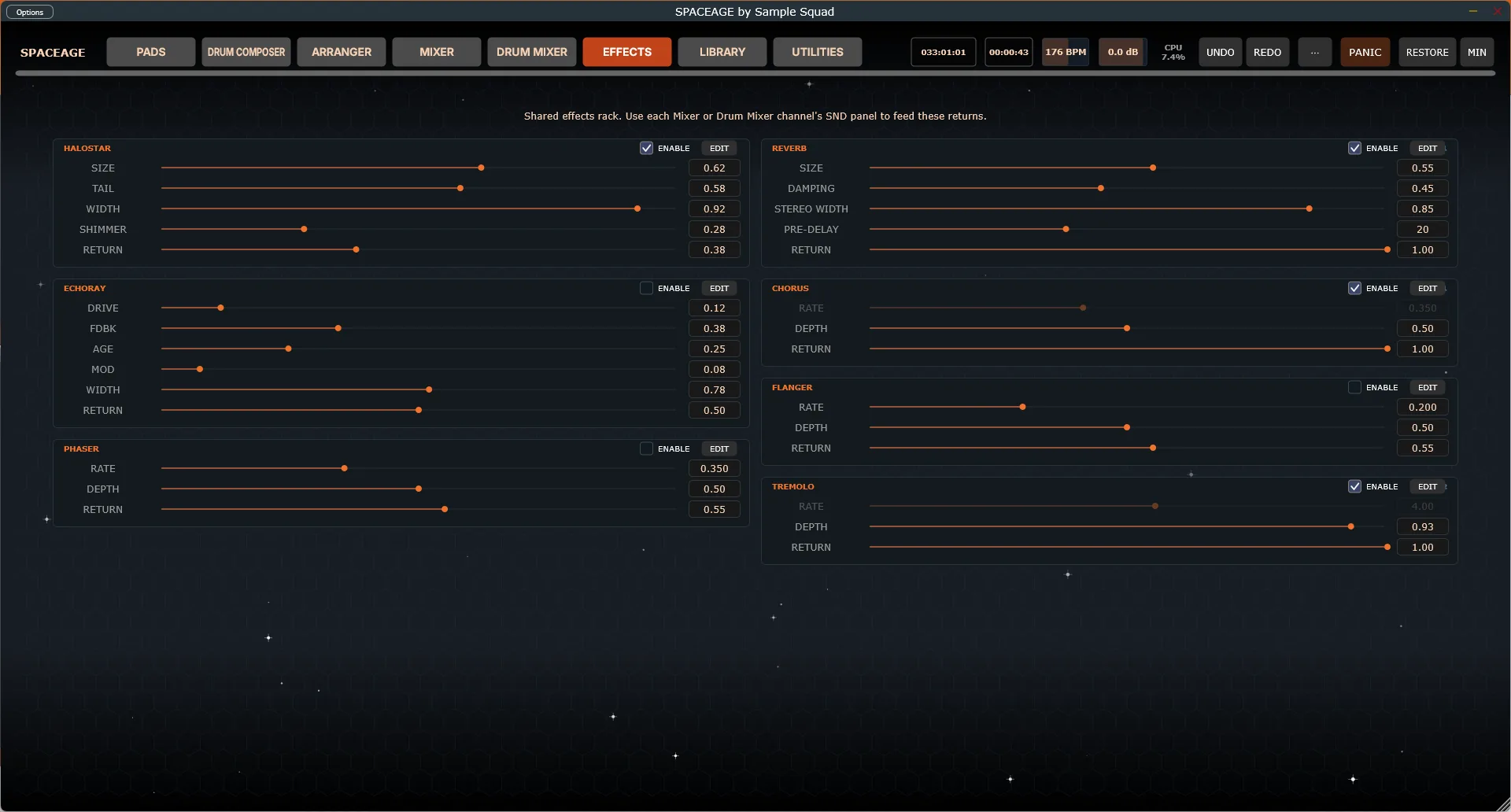 The Effects page’s shared rack of send effects: Halostar, Reverb, Echoray, Chorus, Phaser, Flanger, and Tremolo