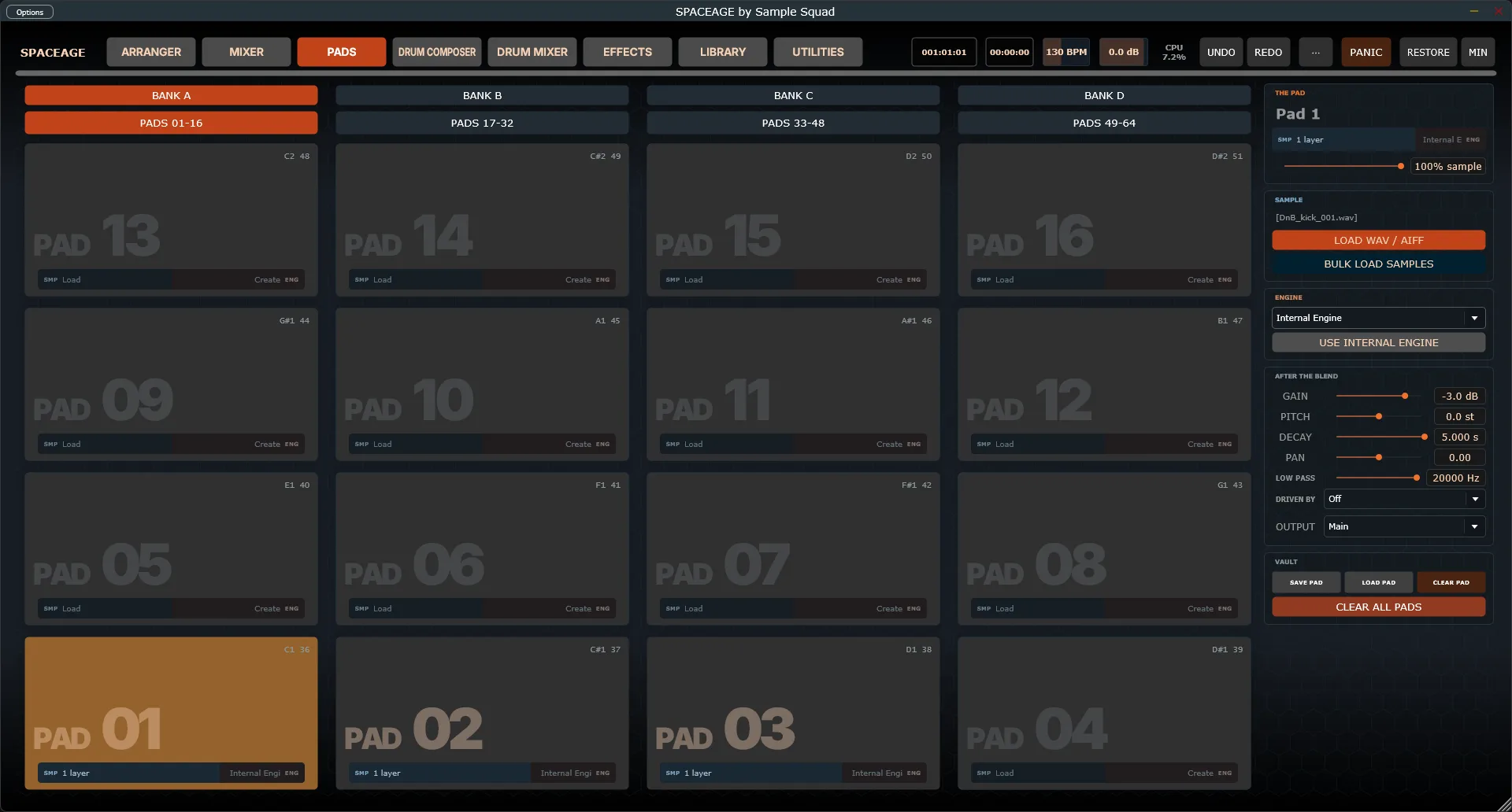 The Pads page showing Bank A’s sixteen pads, with a settings panel for gain, pitch, decay, pan, and low-pass on the selected pad