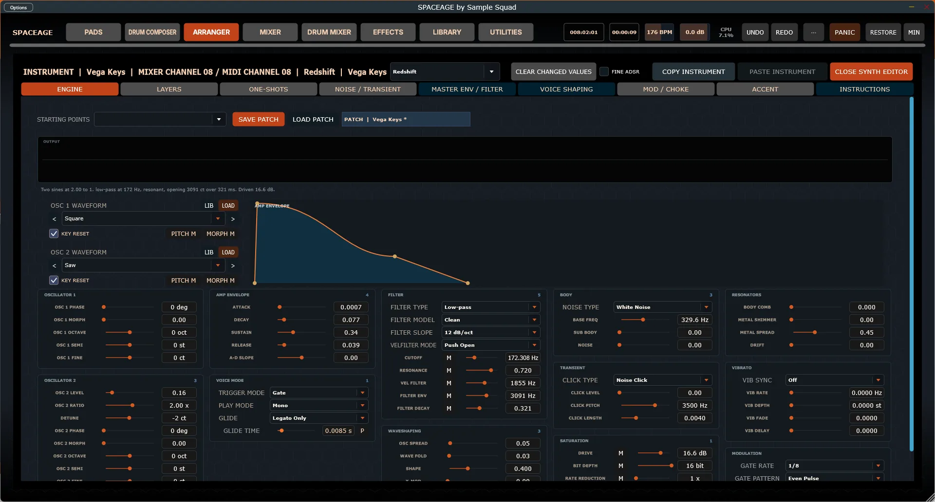 The Synth Editor open on Vega Keys, a Redshift-engine patch, with oscillator waveforms, an amp-envelope graph, and filter and body controls